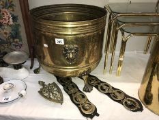 A large brass log bin 2 horse brass martingales & a trivet