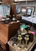 A quantity of brassware including 2 shell cases, pair of candlesticks, scales etc.