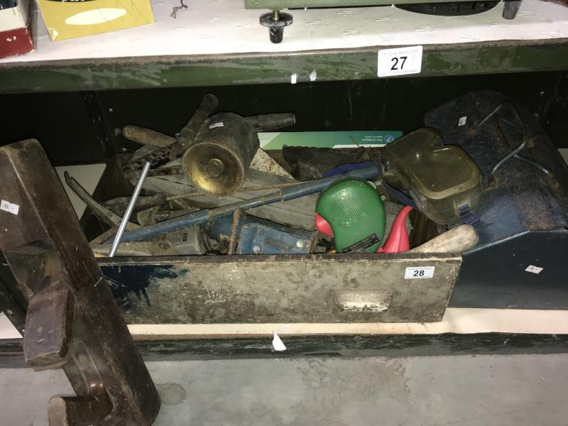 A box of old tools and a metal tool box with more tools