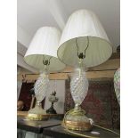 A pair of glass table lamps with shades,.