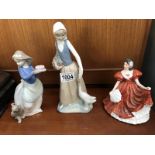 Two NAO figurines including girl with dog and lady with geese and another lady figurine