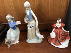 Two NAO figurines including girl with dog and lady with geese and another lady figurine