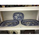 3 large blue & white Willow pattern platters