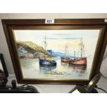 An oil or acrylic framed picture- 3 fishing boats at anchor