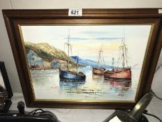 An oil or acrylic framed picture- 3 fishing boats at anchor