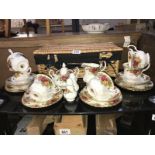 An old Country Rose tea set (no teapot) with wicker hamper basket