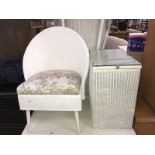 A white painted woven bedroom chair & laundry basket