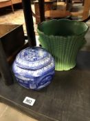 A blue and white lidded urn and a green Sylvac plant pot