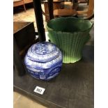 A blue and white lidded urn and a green Sylvac plant pot