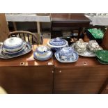 A quantity of blue and white dinnerware