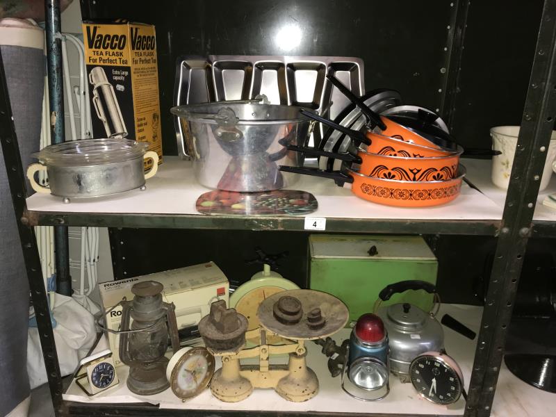 2 shelves of retro and vintage household goods including brand new 70's pots and pans, scales,