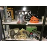 2 shelves of retro and vintage household goods including brand new 70's pots and pans, scales,