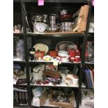 4 shelves of Kitchenalia including scales, pots,