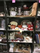 4 shelves of Kitchenalia including scales, pots,