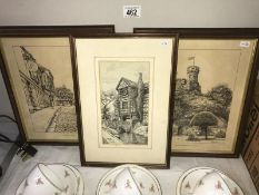 2 printed line drawing pictures of Lincoln and Moreton Old Hall,