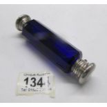 A fine Victorian Bristol blue glass double ended scent bottle with metal caps, 12.5 cm long.