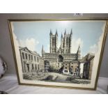 A print of a line and colour wash drawing of Lincoln Cathedral from Castle Square (Original by John