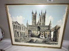 A print of a line and colour wash drawing of Lincoln Cathedral from Castle Square (Original by John