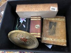 A leatherette box of wooden and other boxes plus a decorative painted wooden plate