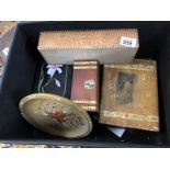 A leatherette box of wooden and other boxes plus a decorative painted wooden plate