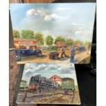 2 oil on canvas of a steam train and a vintage street scene