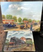 2 oil on canvas of a steam train and a vintage street scene