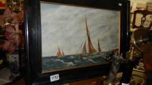 A British marine seascape entitled 'Jigger Boom' oil on canvas, unsigned, framed, 22" x 16".