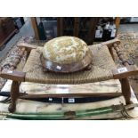 An oak string seat stool and a Victorian foot stool