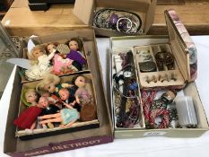 A quantity of 1950's dolls and 3 boxes of jewellery