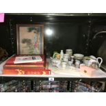 A collection of oriental items including picture, books, bowls, jug, teapot etc.