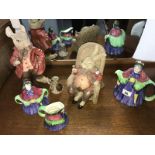 2 garden figures of Gentleman Bunny & Mouse and a set of 3 old lady pottery shaped items etc.