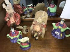 2 garden figures of Gentleman Bunny & Mouse and a set of 3 old lady pottery shaped items etc.