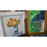 A framed and glazed British school acrylic on board painting of flowers in a Chinese vase on a