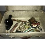 A box of miscellaneous including candlesticks, bellows & boxed harmonica etc.