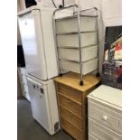 2 sets of bathroom storage drawers: one wood and wicker and the other plastic and metal