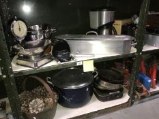 2 shelves of cooking pots, coffee maker and stainless steel scales etc.