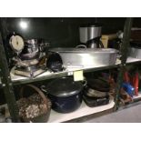 2 shelves of cooking pots, coffee maker and stainless steel scales etc.