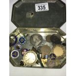 A Queen Elizabeth II coronation tin with some old enamel badges and 19th and 20th Century coins