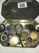 A Queen Elizabeth II coronation tin with some old enamel badges and 19th and 20th Century coins
