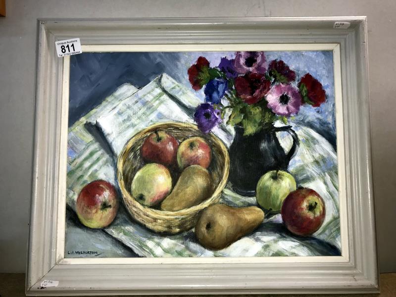 A 20th Century British school acrylic on board still life with pink lillies signed L.I.