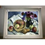 A 20th Century British school acrylic on board still life with pink lillies signed L.I.