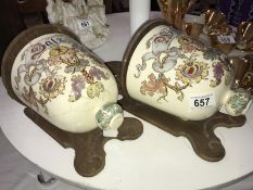 2 old wall mounted wood & ceramic storage pots A/F