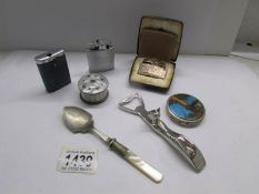 3 Ronson lighters, A Stratton compact, a pill box, a JCB pewter hip flask and 2 other items.