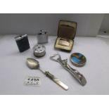 3 Ronson lighters, A Stratton compact, a pill box, a JCB pewter hip flask and 2 other items.