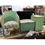 A green painted woven bedroom set of an armchair,