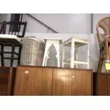 2 white painted stools & a wicker laundry basket