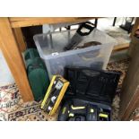 A box of Sundry tools including 2 cased electric drills, hand tools, 2 old tape measures,