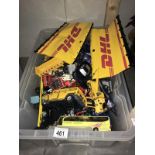 A box full of toy cars and vehicles including Hotwheels, Maisto etc.