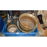 An old brass jam pan, 2 brass jardiniere's, a copper jug and a copper coffee pot.