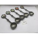 5 German pewter hand painted flower plaque spoons.